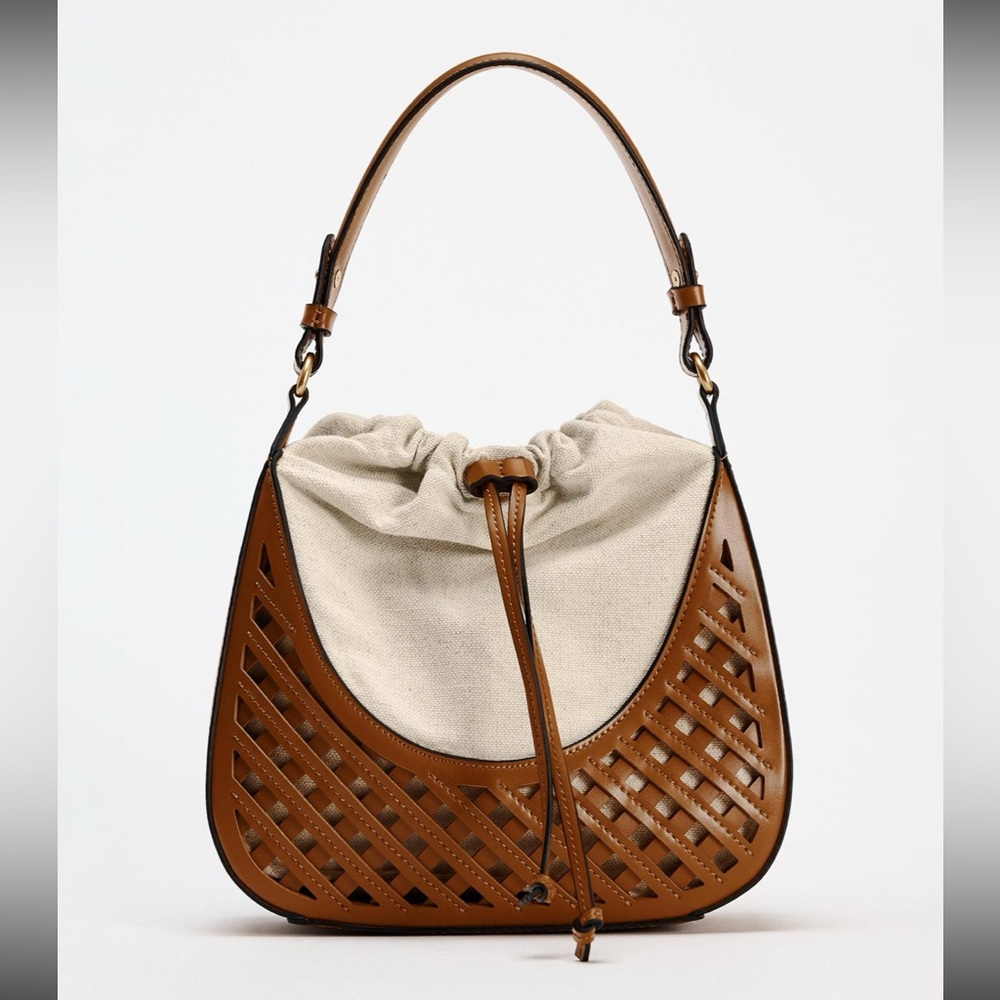 Zara Brown and Cream Lattice Shoulder Bag